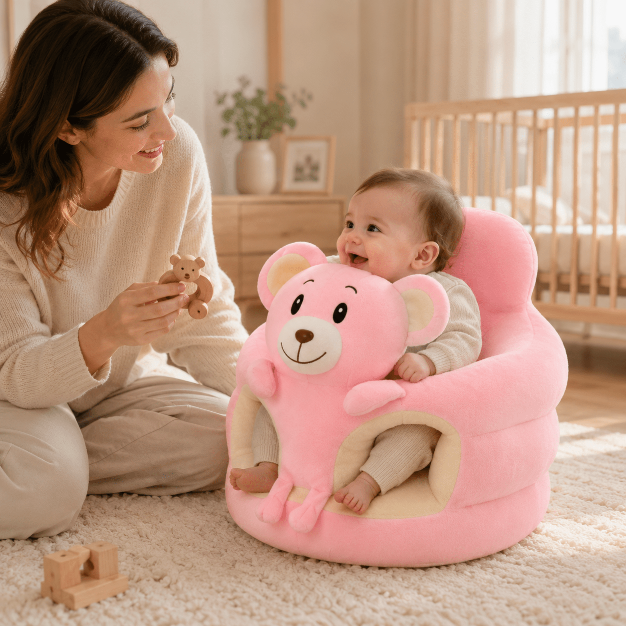 Woman and baby playing with a pink bear-shaped chair in a nursery.